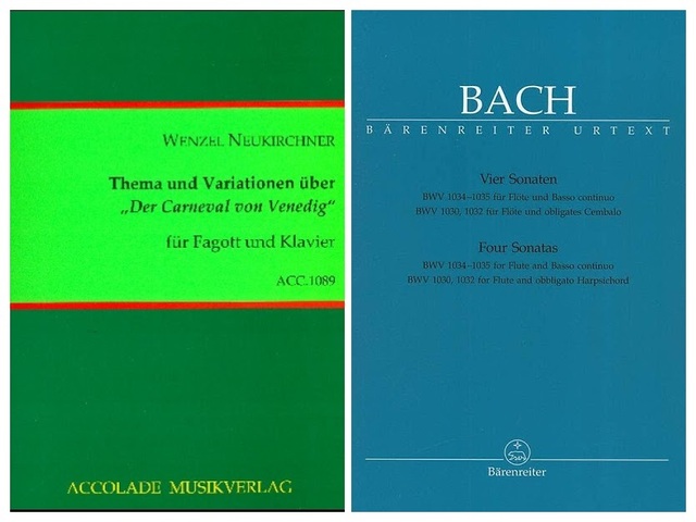Johann Sebastian Bach Vier Sonaten és Wenzel Neukirchner: Thema und Variationen über Der Carneval von Venedig című kották borítói