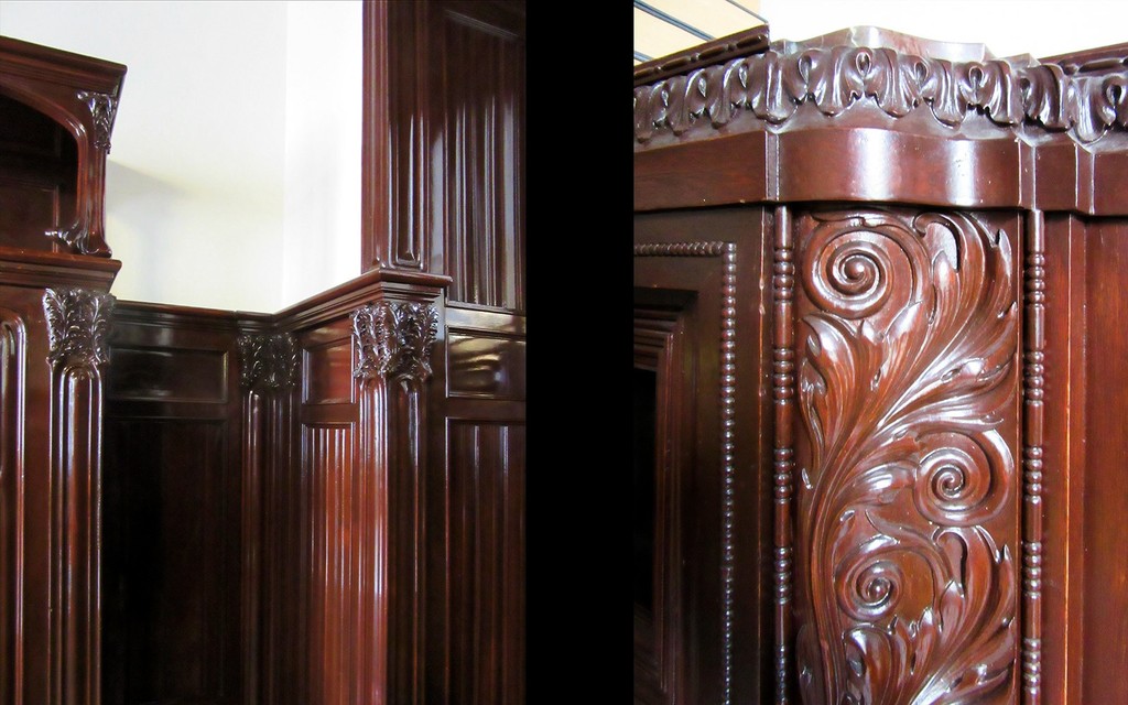 Carved wooden wall covering upstairs
