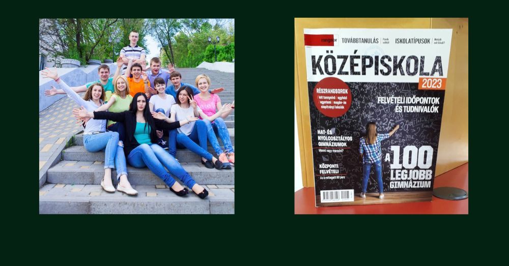 A fotómontázsban két fotó szerepel, a lépcsőn lefutó tini csapat és a HVG középiskolai rangsort tartalmazó kiadványa 