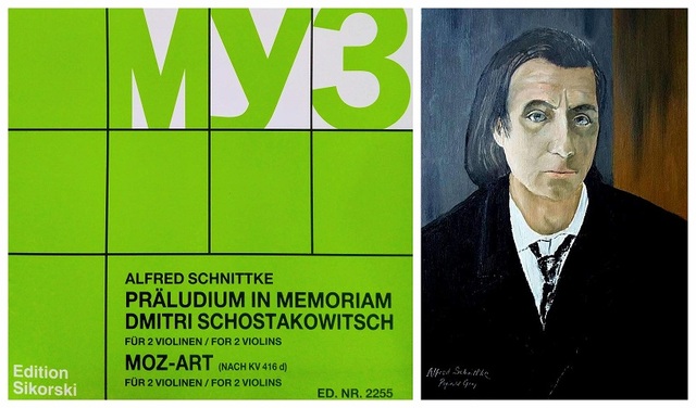 Alfred Schnittke Präludium in memoriam Dimitri Schostakowitsch című kotta borítója és a zeneszerző portréja