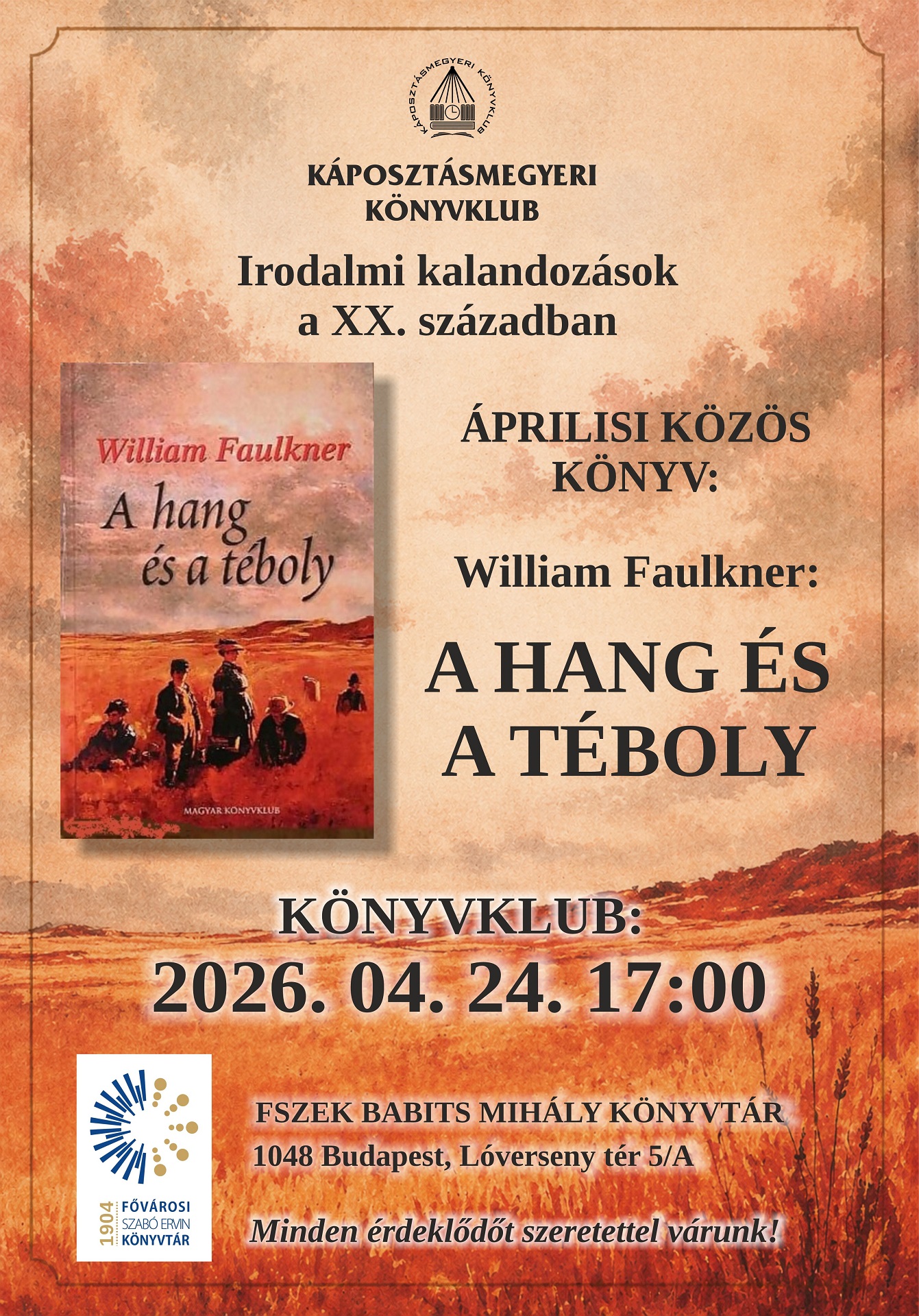 A rendezvény plakátja, rajta a könyv borítójával.
