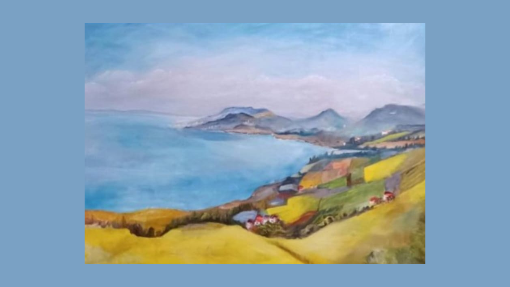 A painting depicting a lakeside