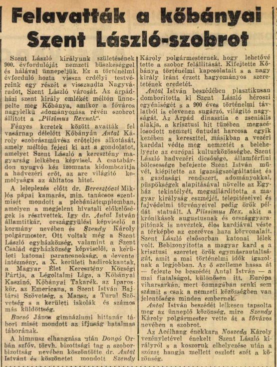 Cikk a szoboravatásról
