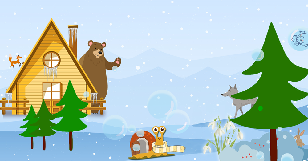 rajzos ábra állatokkal, havas tájjal és fenyőfákkal