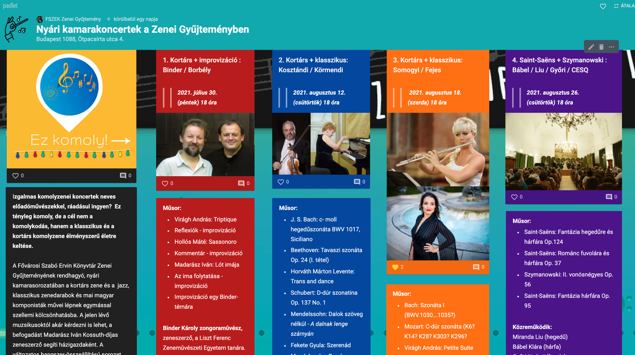 Képernyőkép a Zenei Gyűjtemény padlet oldaláról, amely a linkre kattintva olvasható.
