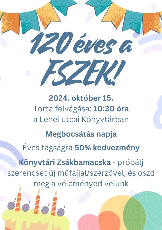 120 éves a FSZEK! - plakát - szülinapi girlandok, torta, léggömbök (grafika)