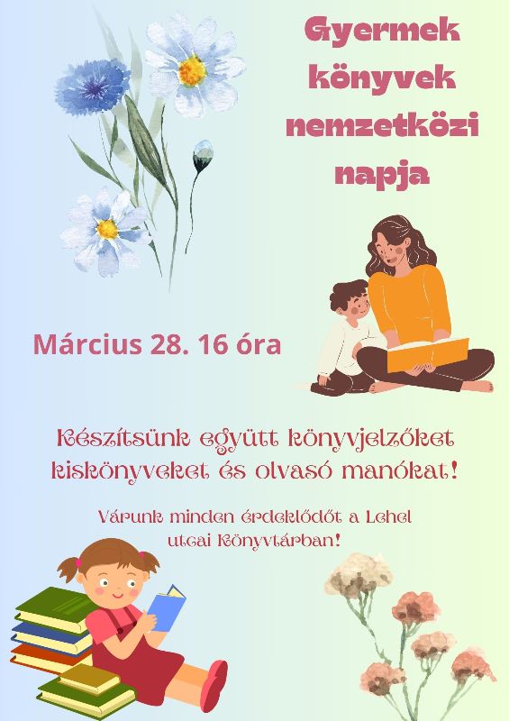 Gyermekkönyvek Napja - plakát - Tavaszi virágok, anya olvas gyerekével, kislány olvas könyvet egy könyvkupacnak dőlve - grafika