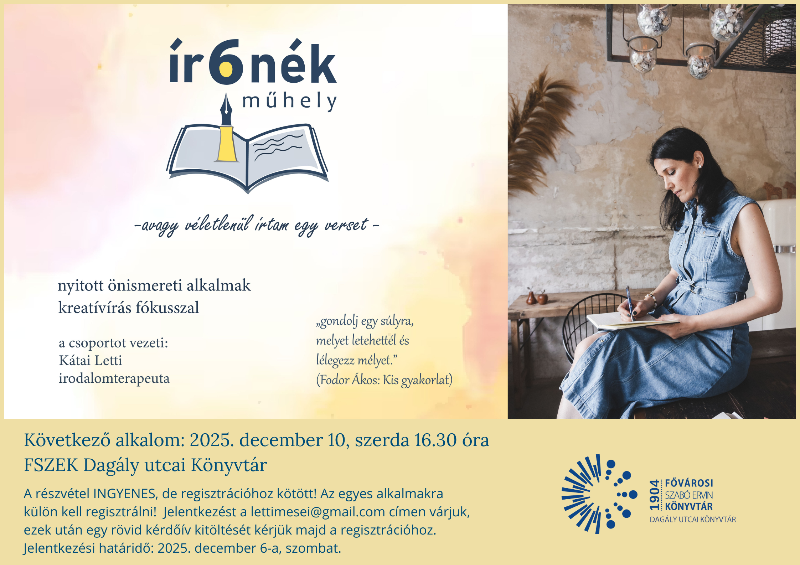 Ír6nék Műhely plakát - Kreatívírás workshop - nő ír a kávézóban