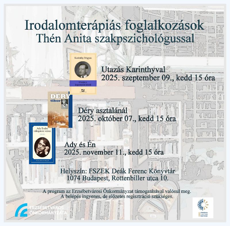 könyvborítók, háttérben a Deák Ferenc Könyvtár