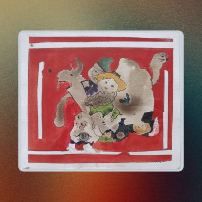 Színes akvarell állati és emberi alakokkal