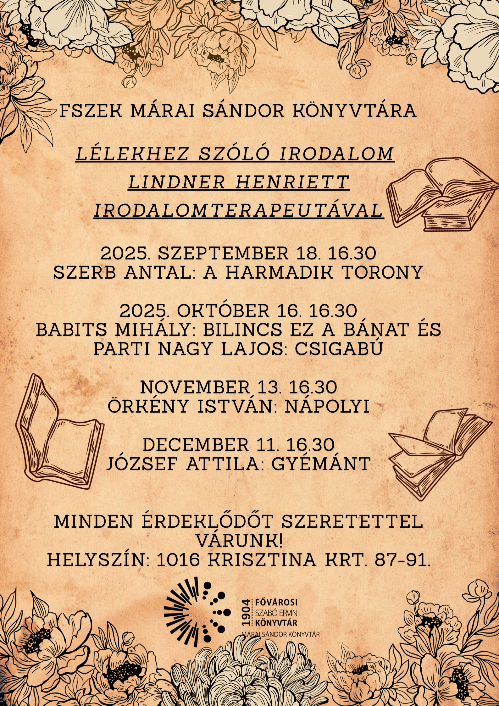 a program plakátja rajzolt virágokkal és könyvekkel