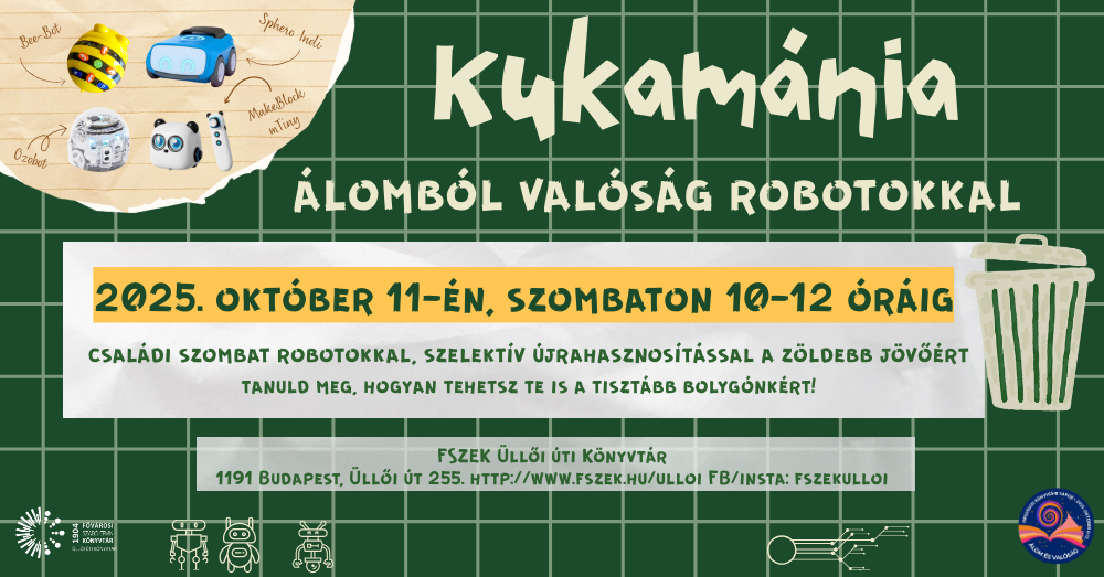 A rendezvény plakátja robotokkal, szemetesvödörrel.