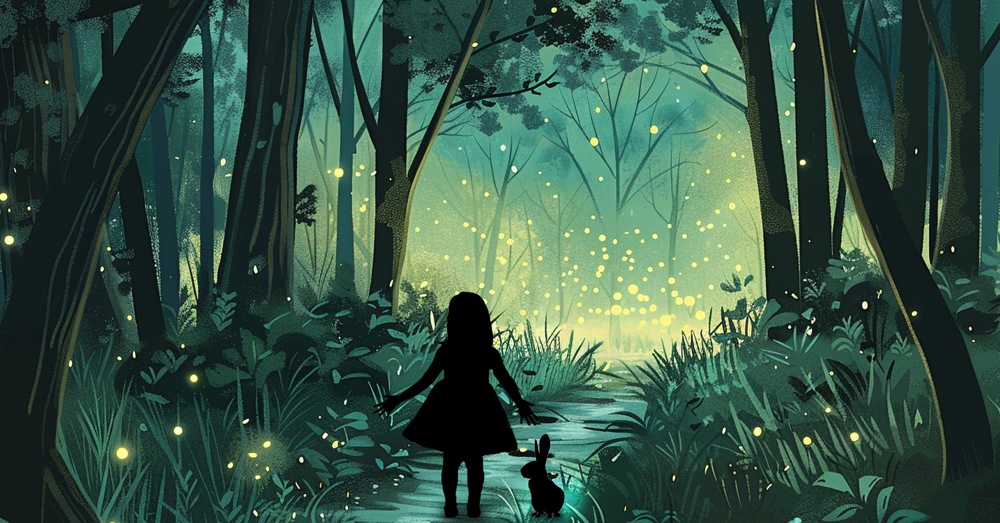 sejtelmes erdő egy kislány és egy nyúl sziluettjével