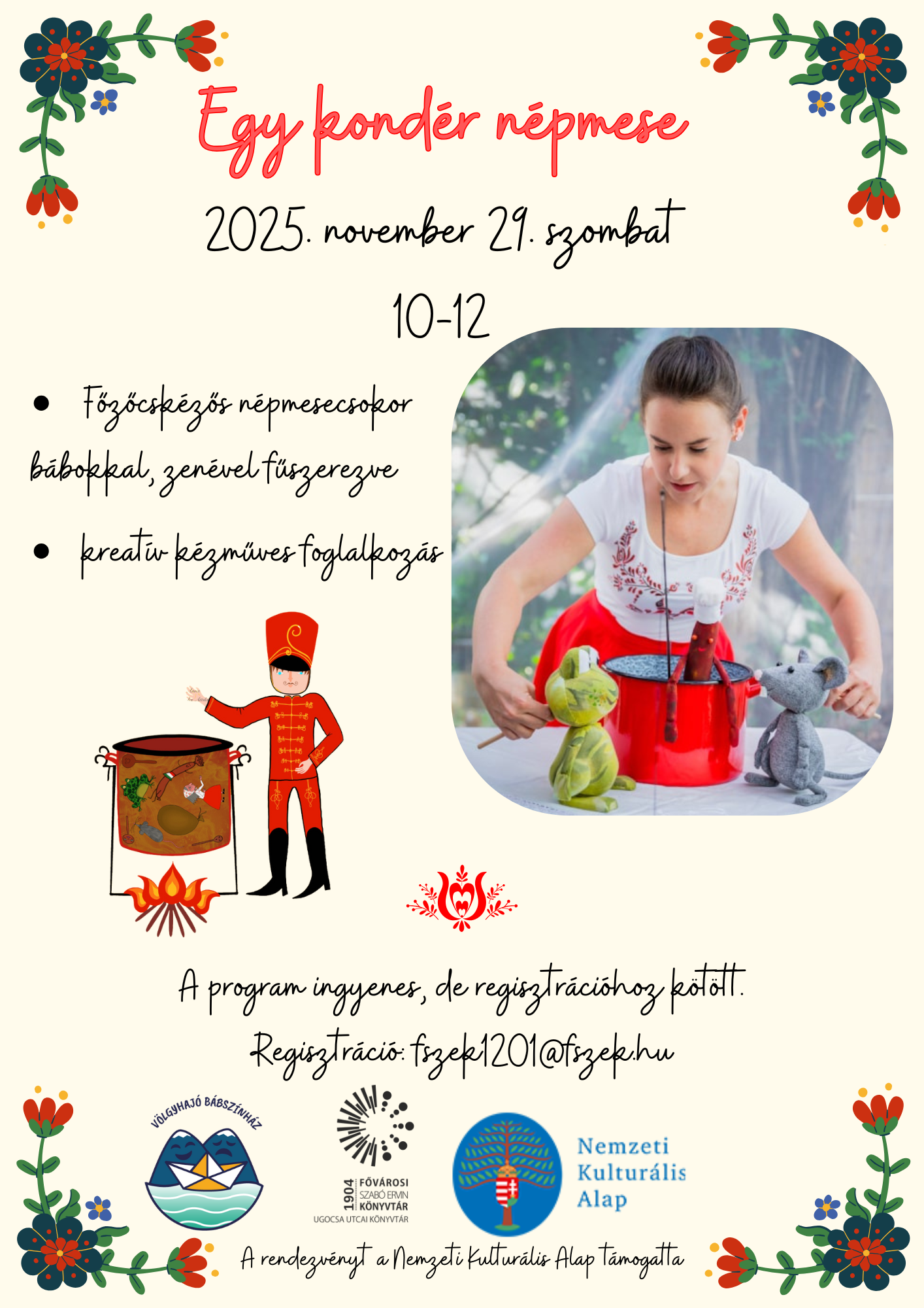 Bábokkal mesélő nő fényképe a bábokkal és egyéb mesefigurák a plakáton