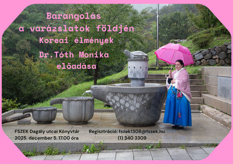 dr. Tóth Monika egy szökőkút mellett rózsaszín esernyővel