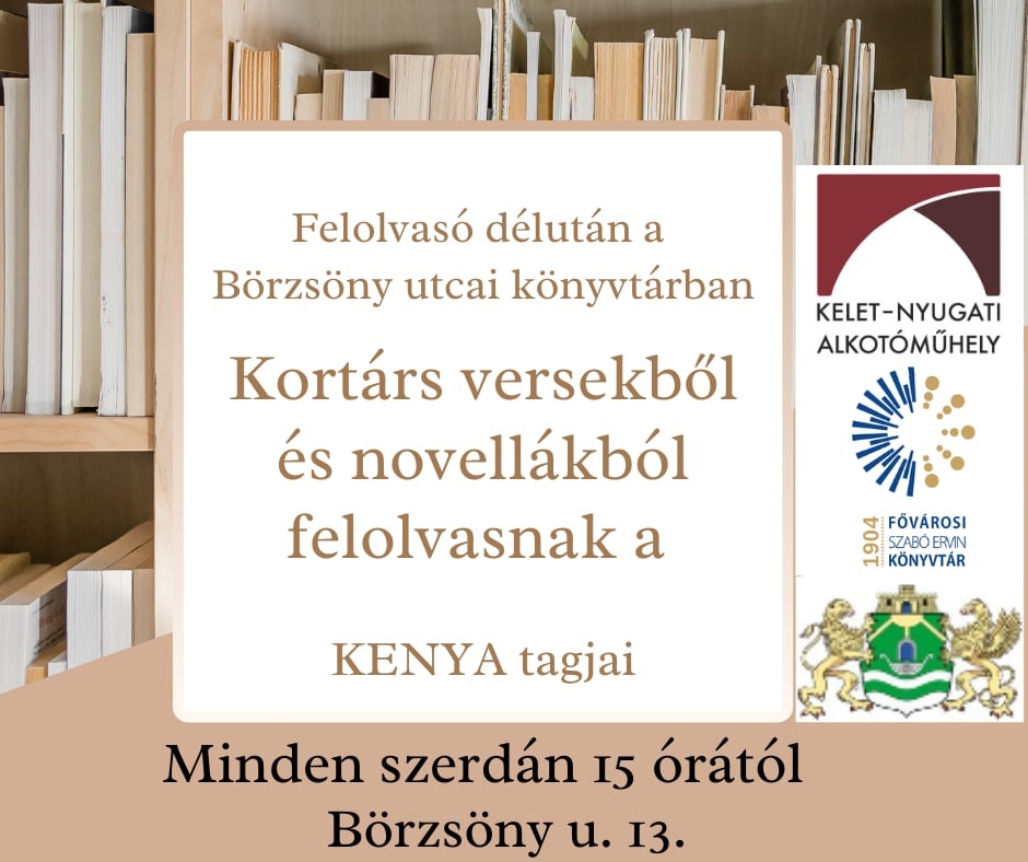 Plakát könyvekkel és az alkotóműhely logójával és Budapest címerével