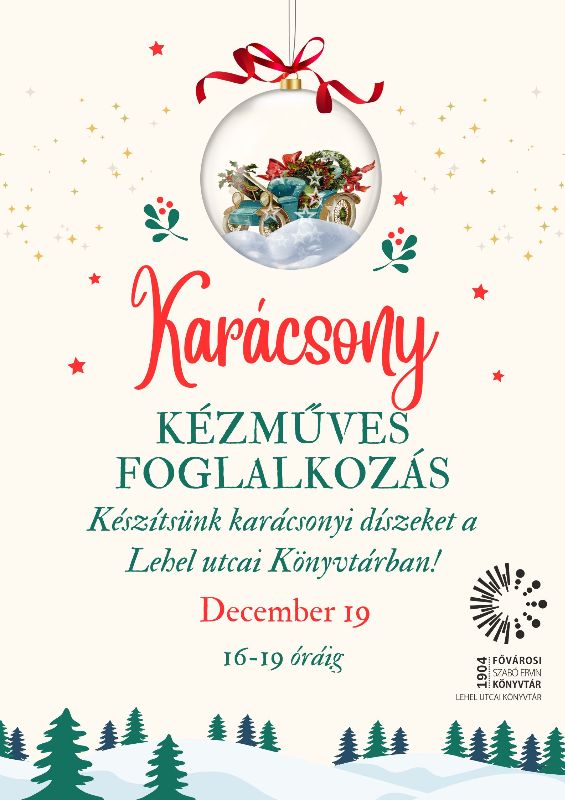 Plakát - téli havas táj fenyőkkel, üveggömb karácsonyi szánnal - grafika