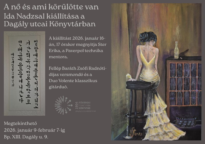 Female figure in evening dress seen from behind (painting); calligraphy