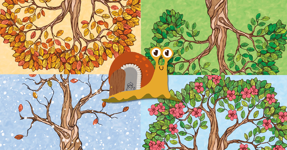 rajzolt négy évszakos fák és a csigamesék csigája