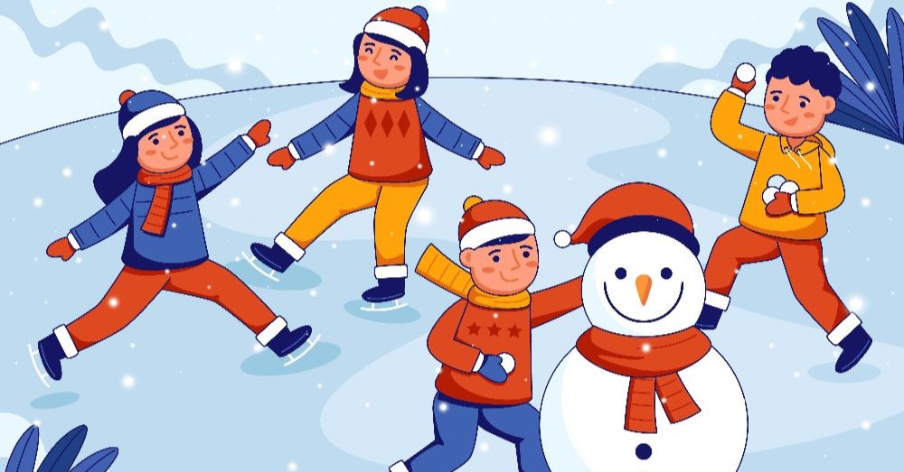 Hógolyózó, korcsolyázó gyerekek, hóember és építőja - grafika