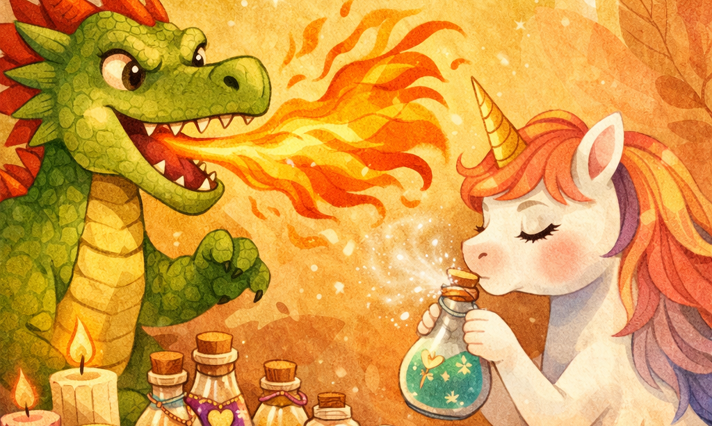 Tűzokádó sárkány és unikornis bájitallal - AI grafika