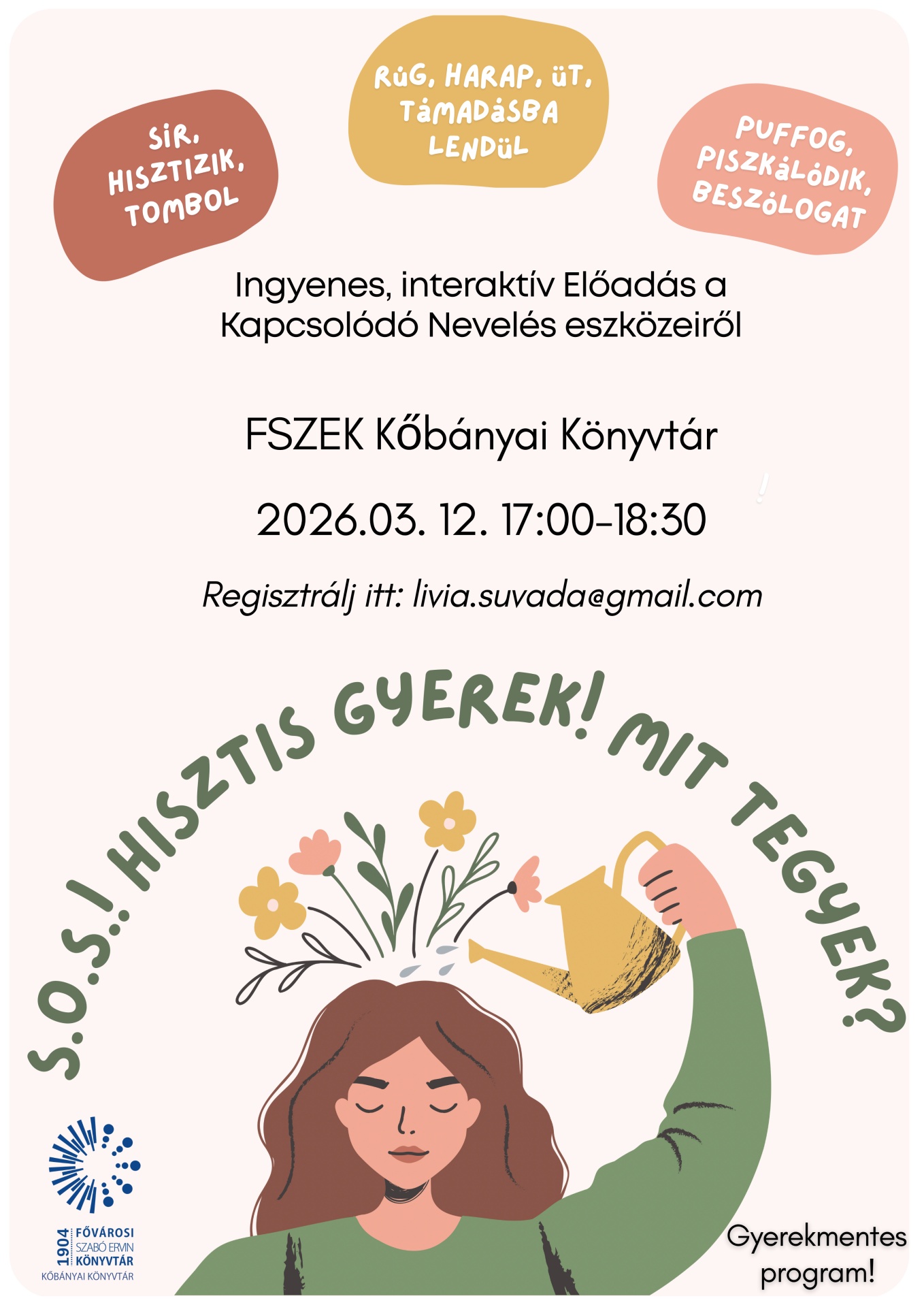 anya a fején növő virágokat kannával locsolja - rajz a plakáton