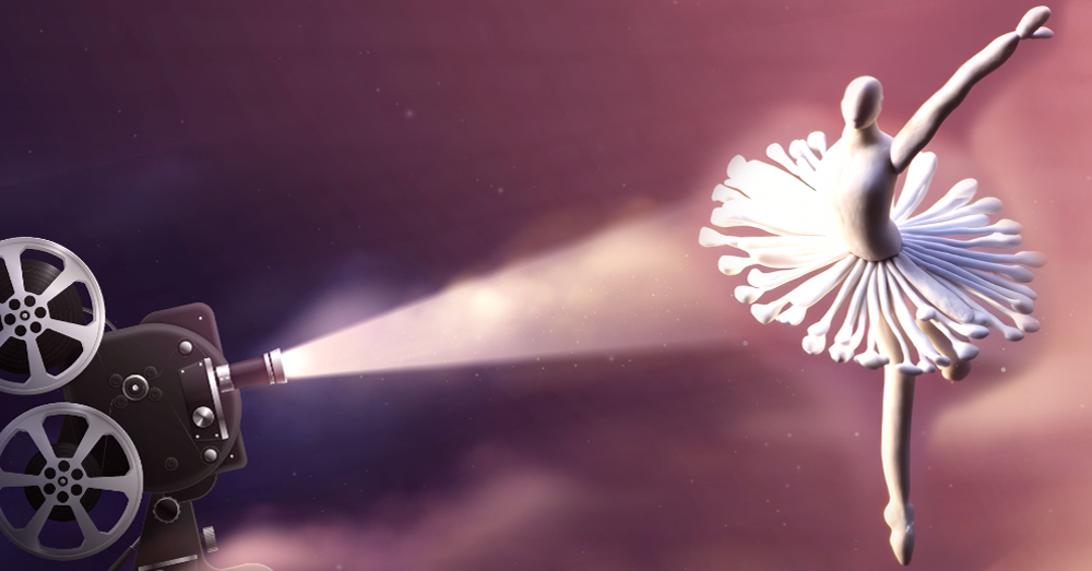  rajzolt fehér gyurmabalerina, amit megvilágít egy régi kamera