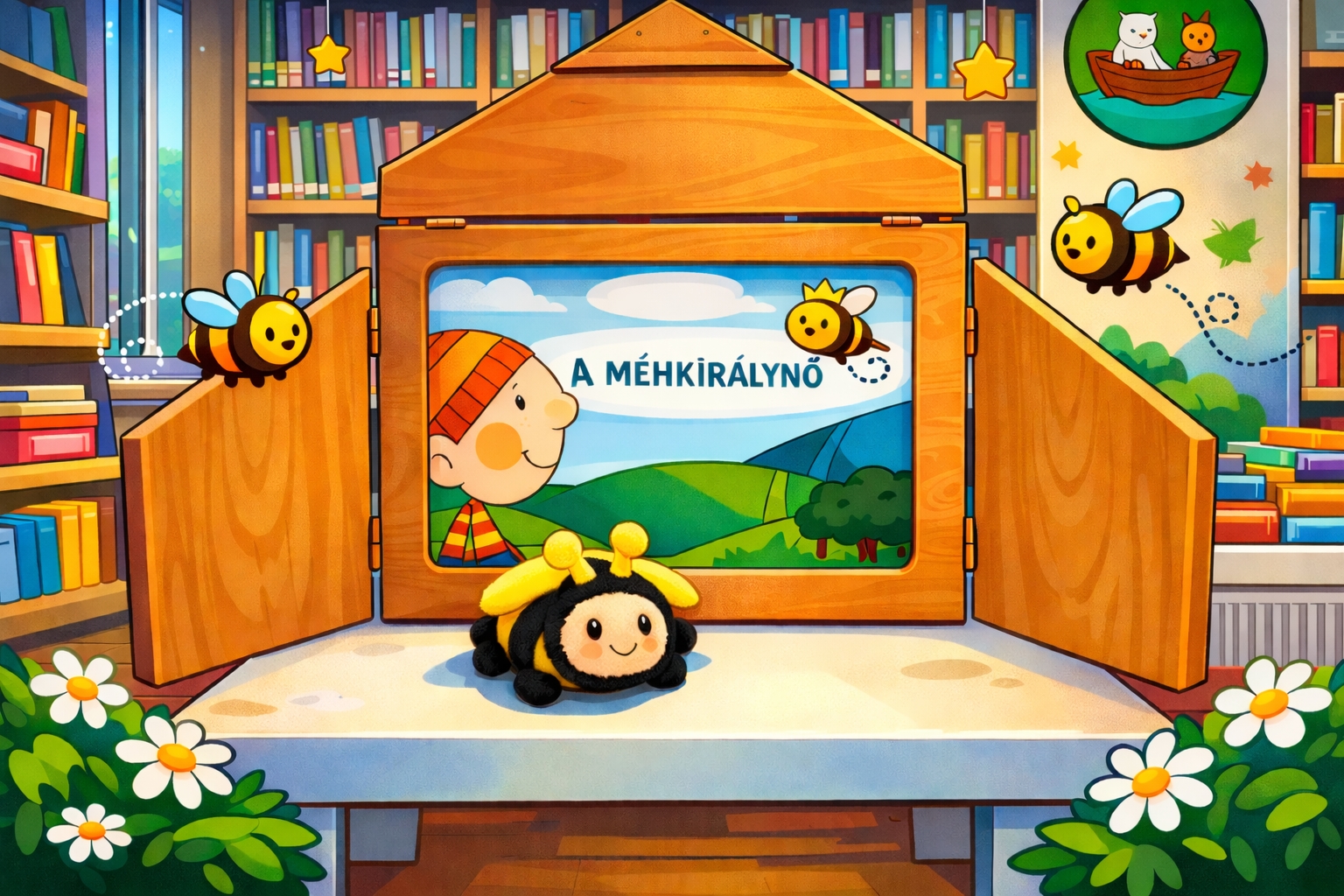 A méhkirálynő - papírszínház méhecskékkel a könyvtárban - fotó AI grafika-változata