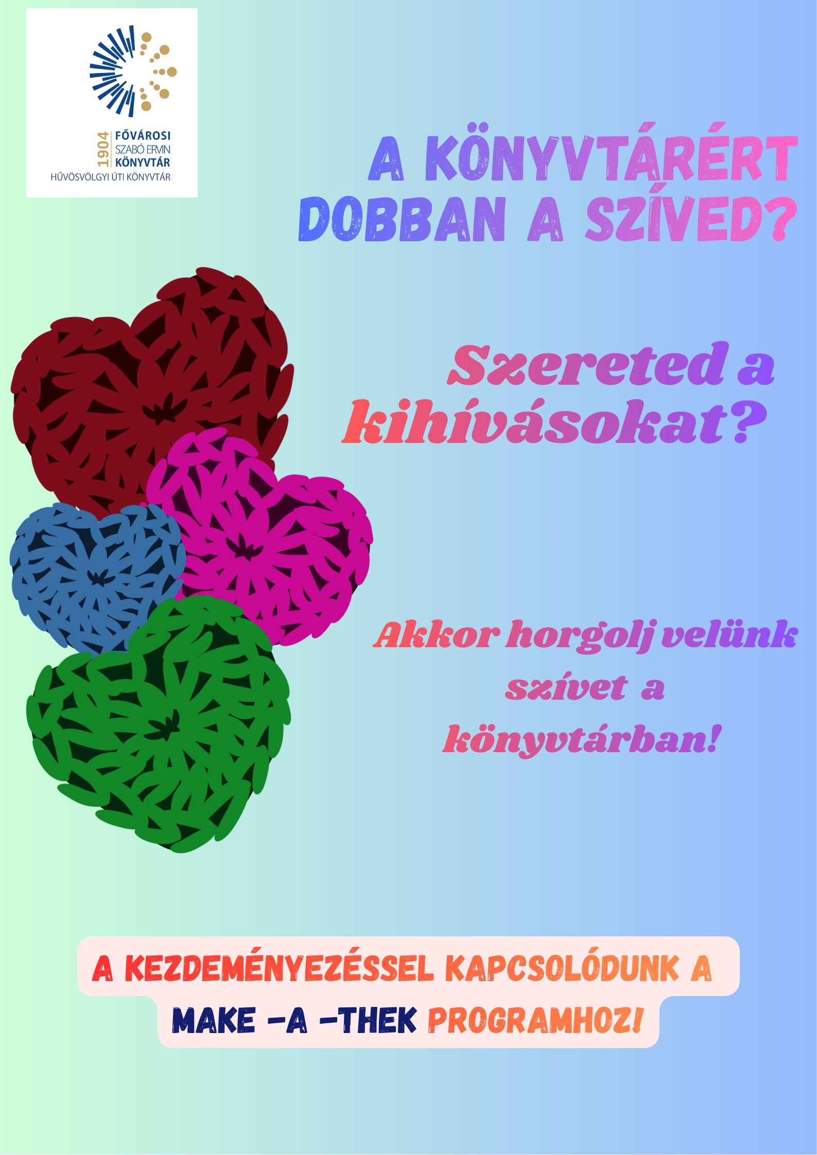 horgolt színes szívek a plakáton