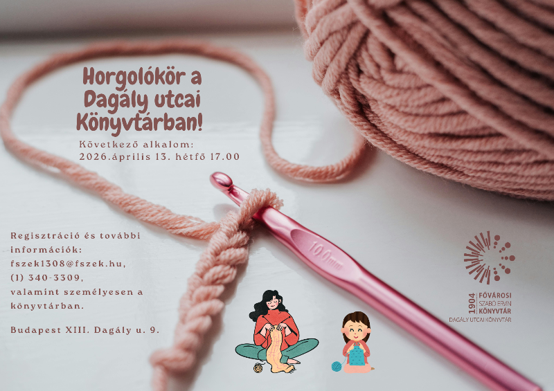 Plakát - Horgolótű és rózsaszín fonal - fotó; kötő nő és gyerek - grafika