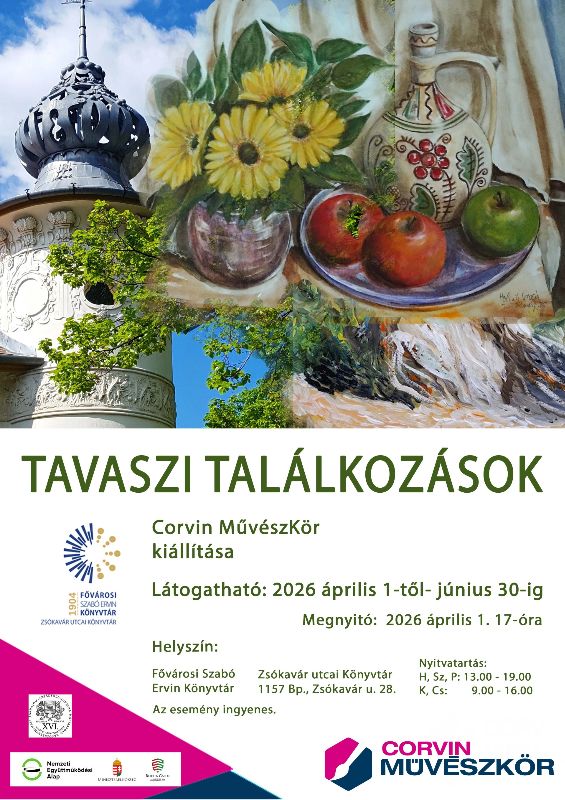 Plakát - templomtorony és festményrészletek - virágok vázában, gyümölcstál