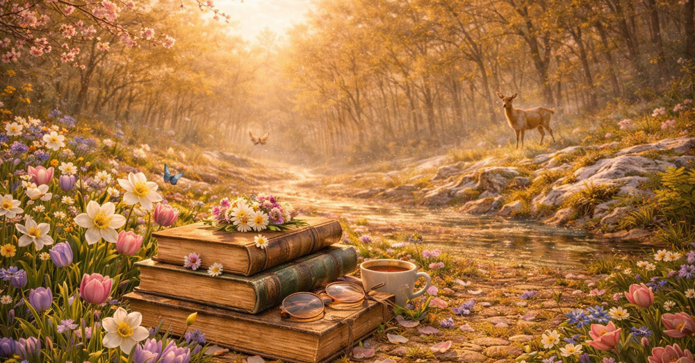 tavaszi erdő, őzzel a háttérben, könyvekkel az előtérben