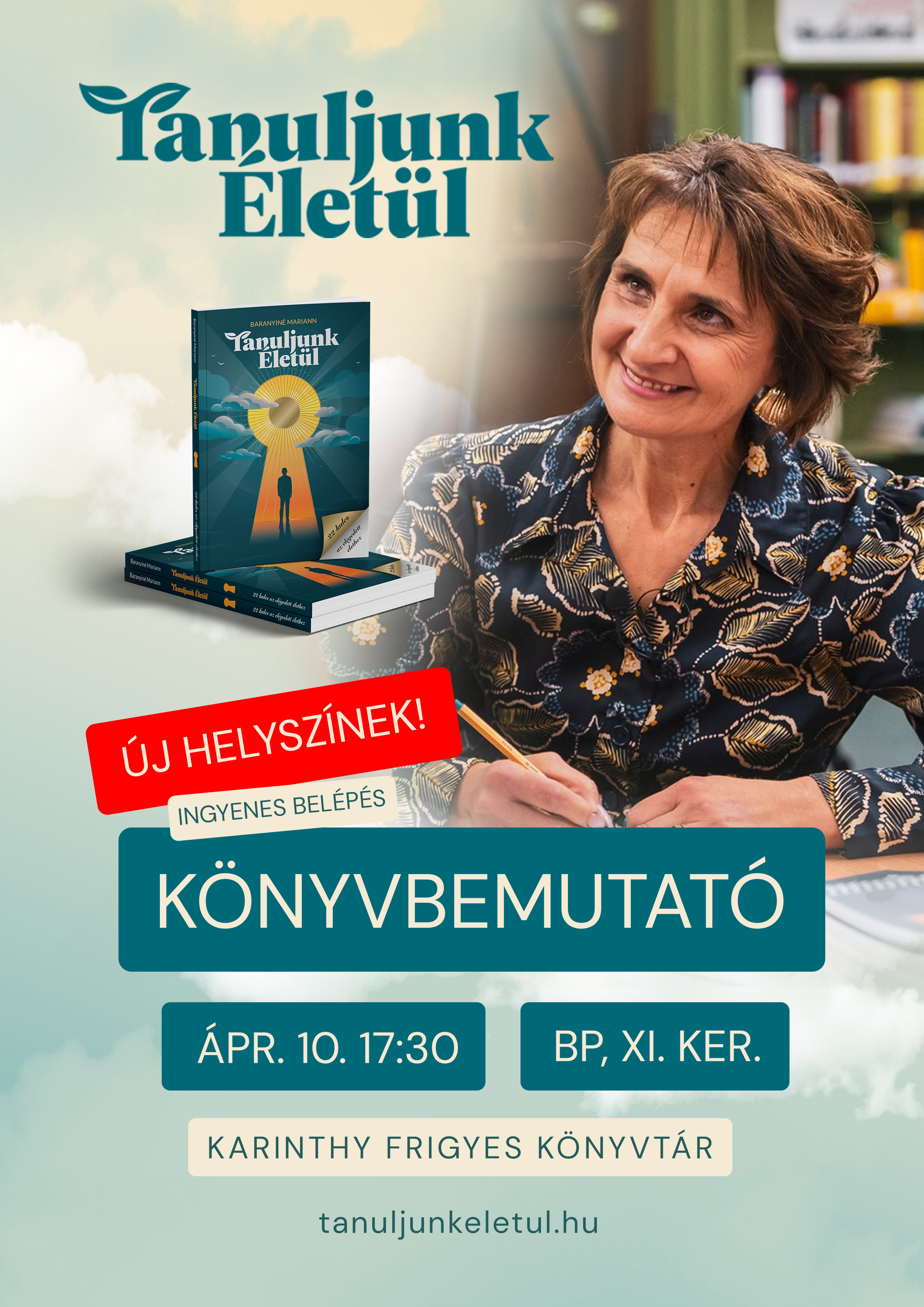 Az esemény plakátja, a szerző fotójával és a könyv képével