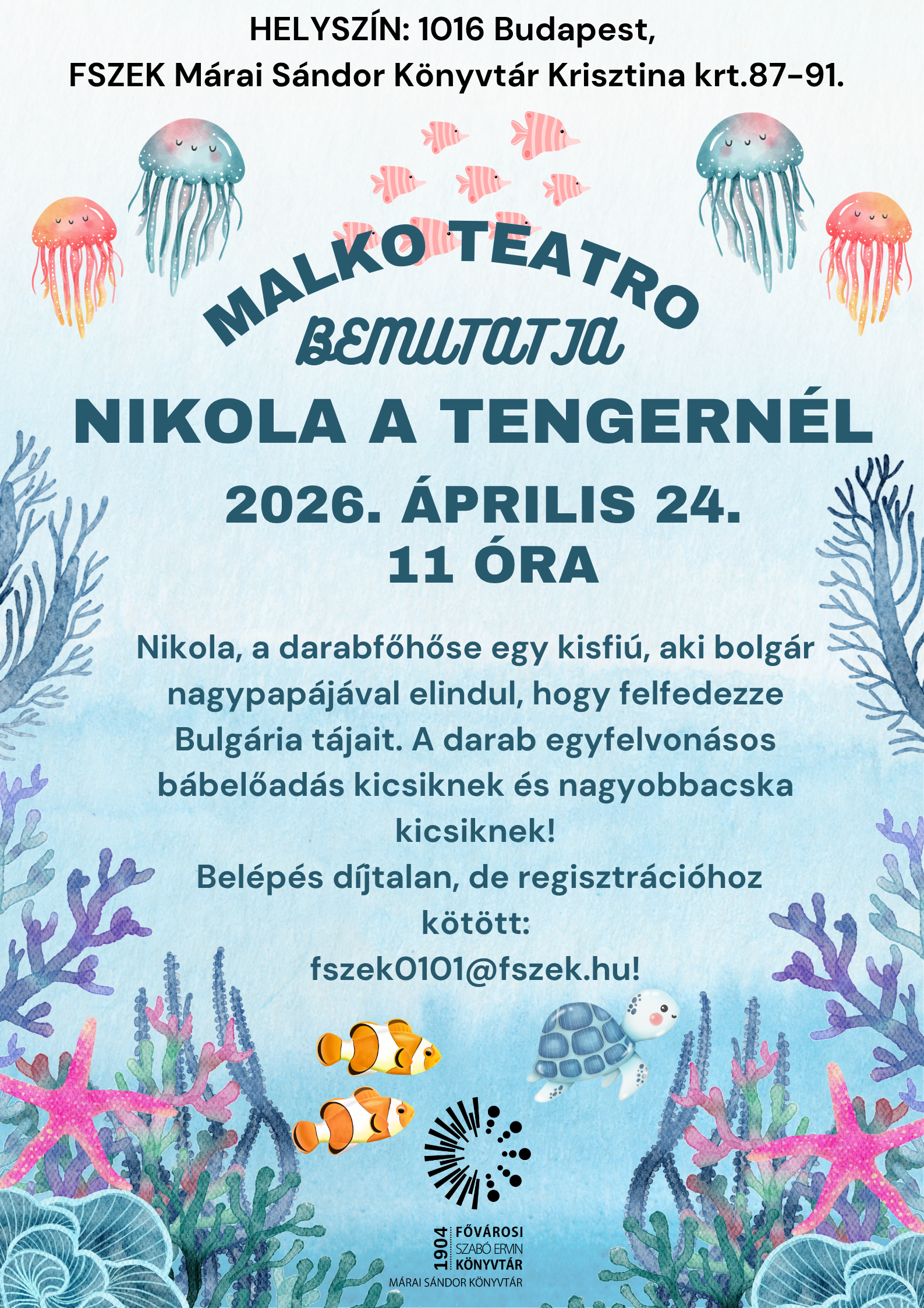 tenger, halak, szöveg, bábelőadás, malko teatro, kék háttér