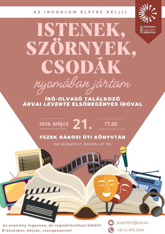 Plakát - filmszalagok, nyitott könyv, színházi maszkok, magnó, TV, fejhallgató, bakelitlemez, mikrofon, csapó tábla - grafika