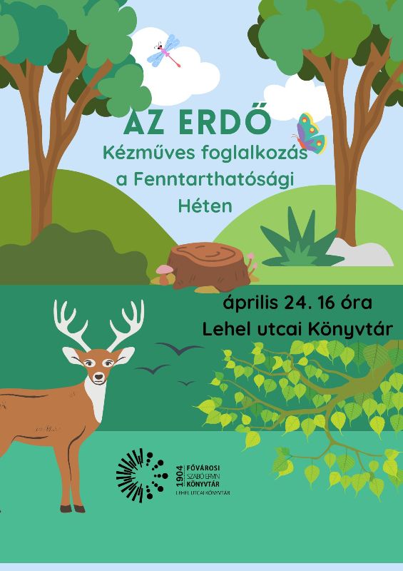 Plakát - Az erdő szarvassal, pillangóval, szitakötővel és fákkal - grafika