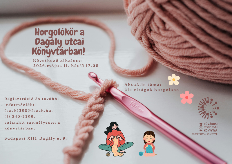 Plakát - Horgolótű és rózsaszín fonal - fotó; kötő nő és gyerek - grafika