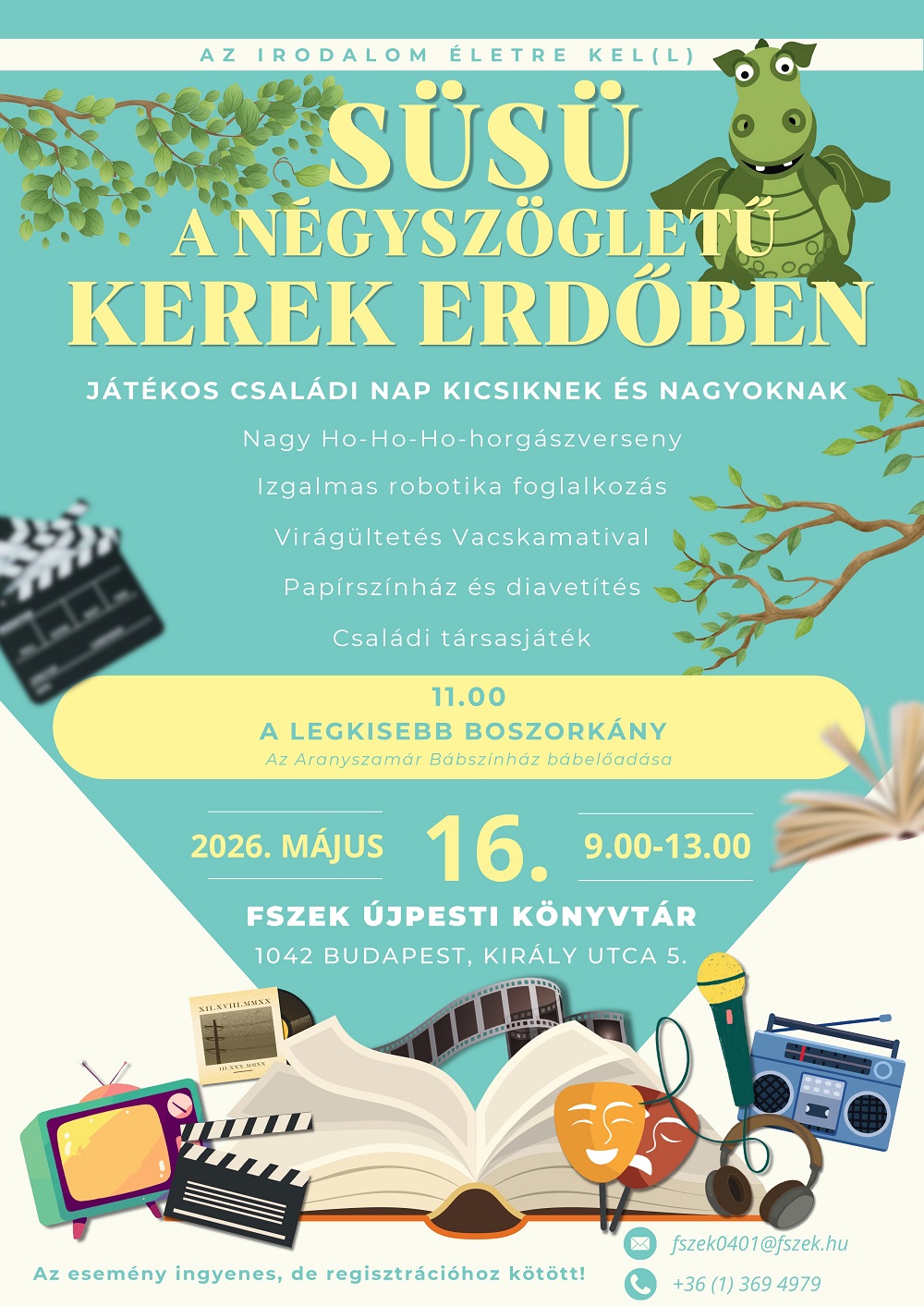 Sárkány, könyv és faágak rajza a plakáton