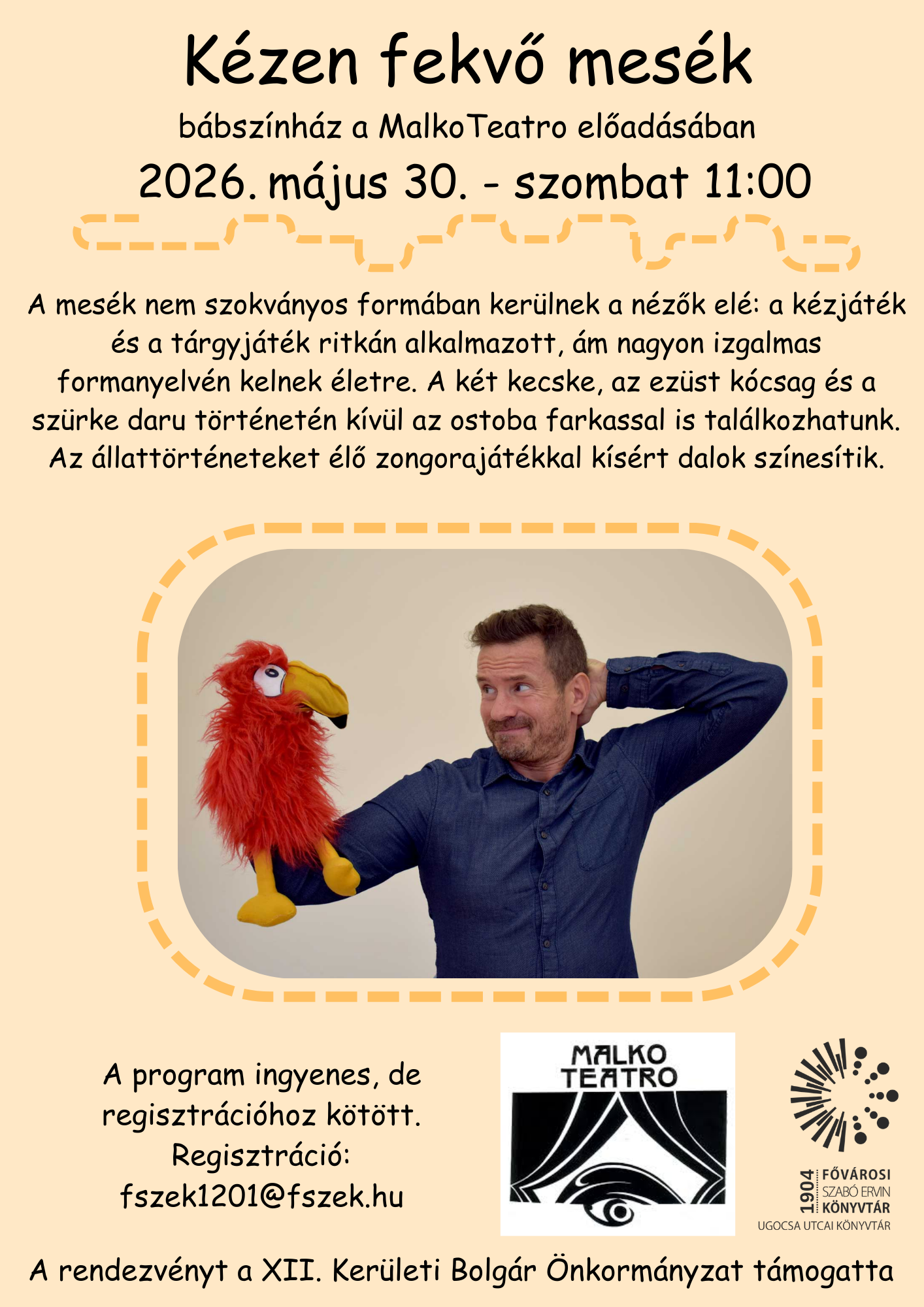 mesélő férfi bábbal - fotó a program plakátján