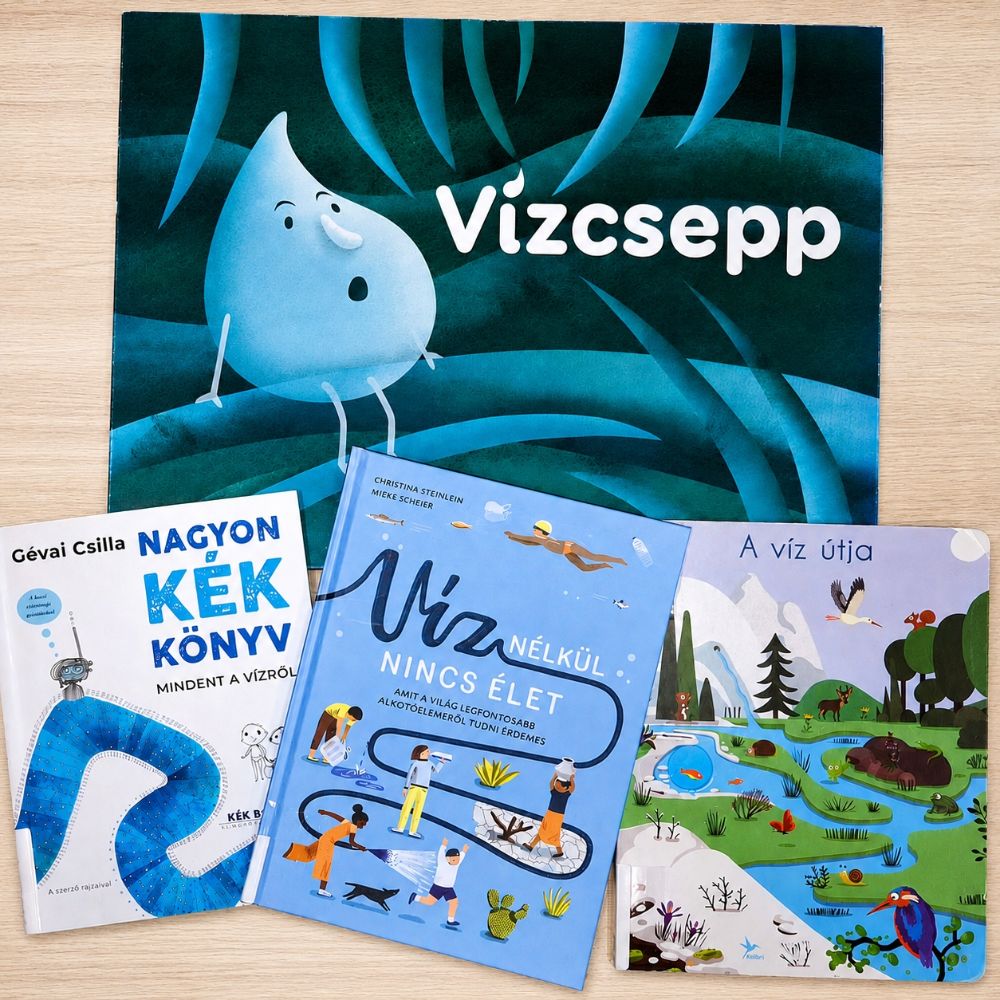 Papírszínház - Vízcsepp, a borítón egy vízcsepp figura ül a levélen; könyvajánló a víz témájában