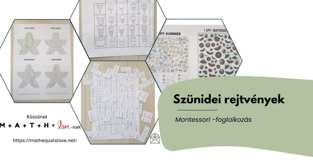 4 db 6 szög bennük feladatokkal, zöld buborékban a program címe