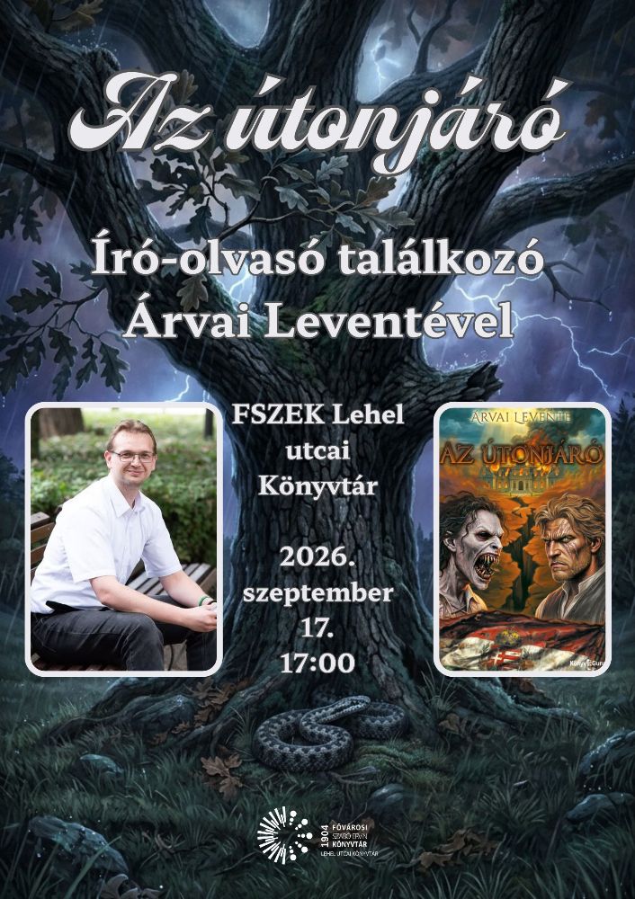 Plakát - Árvai Levente fotója, Az útonjáró című könyv borítója, háttérben viharos éjszakában álló tölgyfa, tövében vipera - grafika