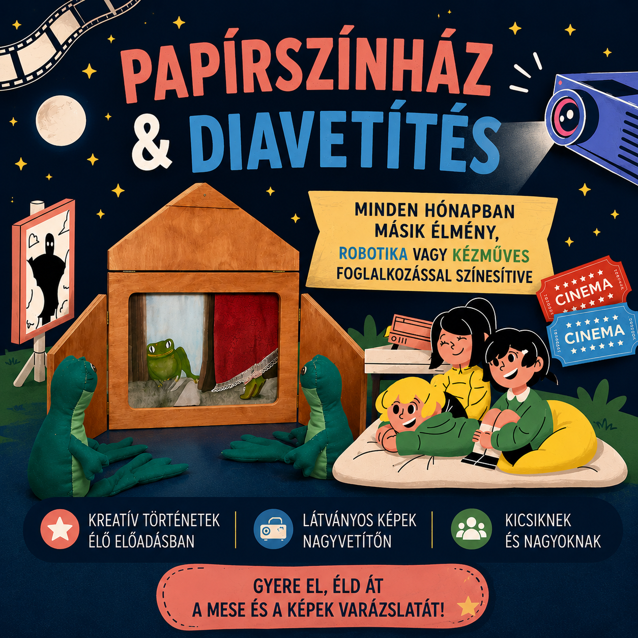 A program plakátja papírszínházat néző gyerekek rajzával