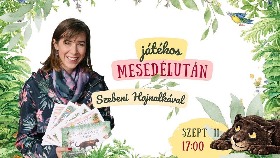 Mosolygós hölgy kezében könyvek, a kép szélén zöld növényzet
