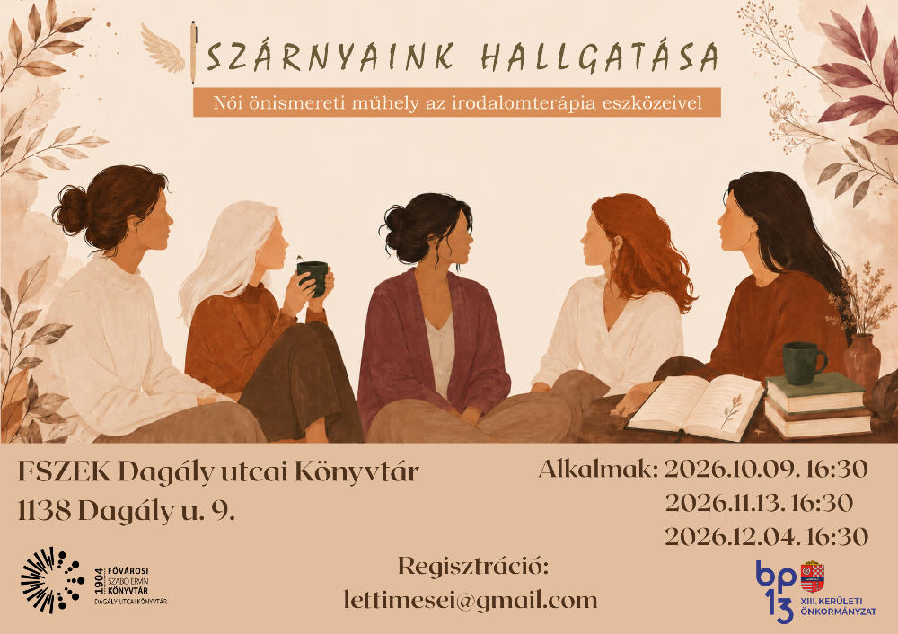 Plakát - földön törökülésben ülő nők beszélgetnek, mellettük könyvek asztalon