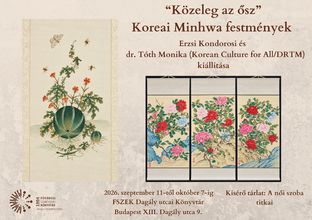 Plakát - Koreai festmények- kék, rózsaszín és piros rózsákkal teli bokor háromoldalú paravánon; görögdinnye növény és termés, felette egy pillangó