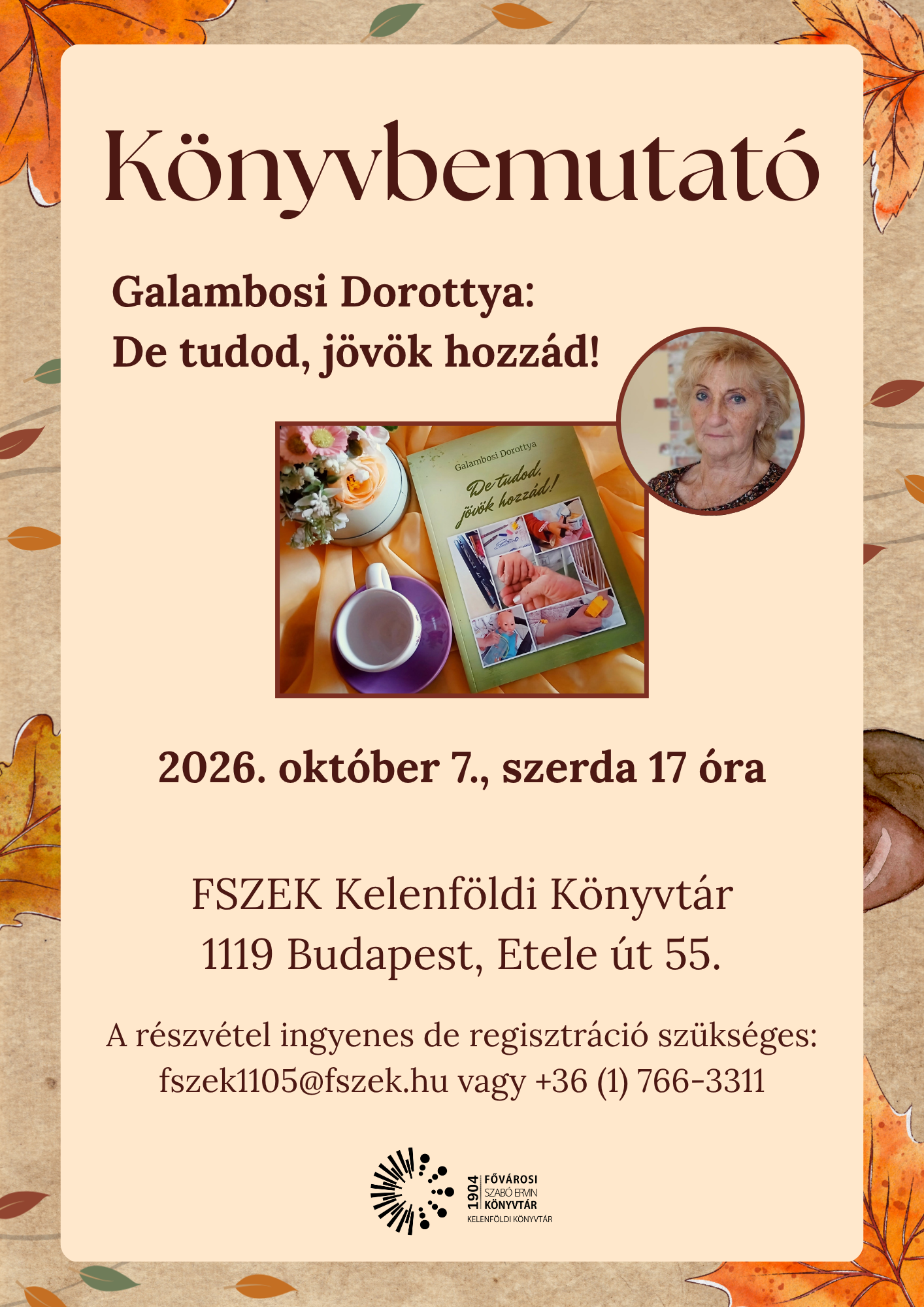 A program plakátja a szerző és a könyv fotójával