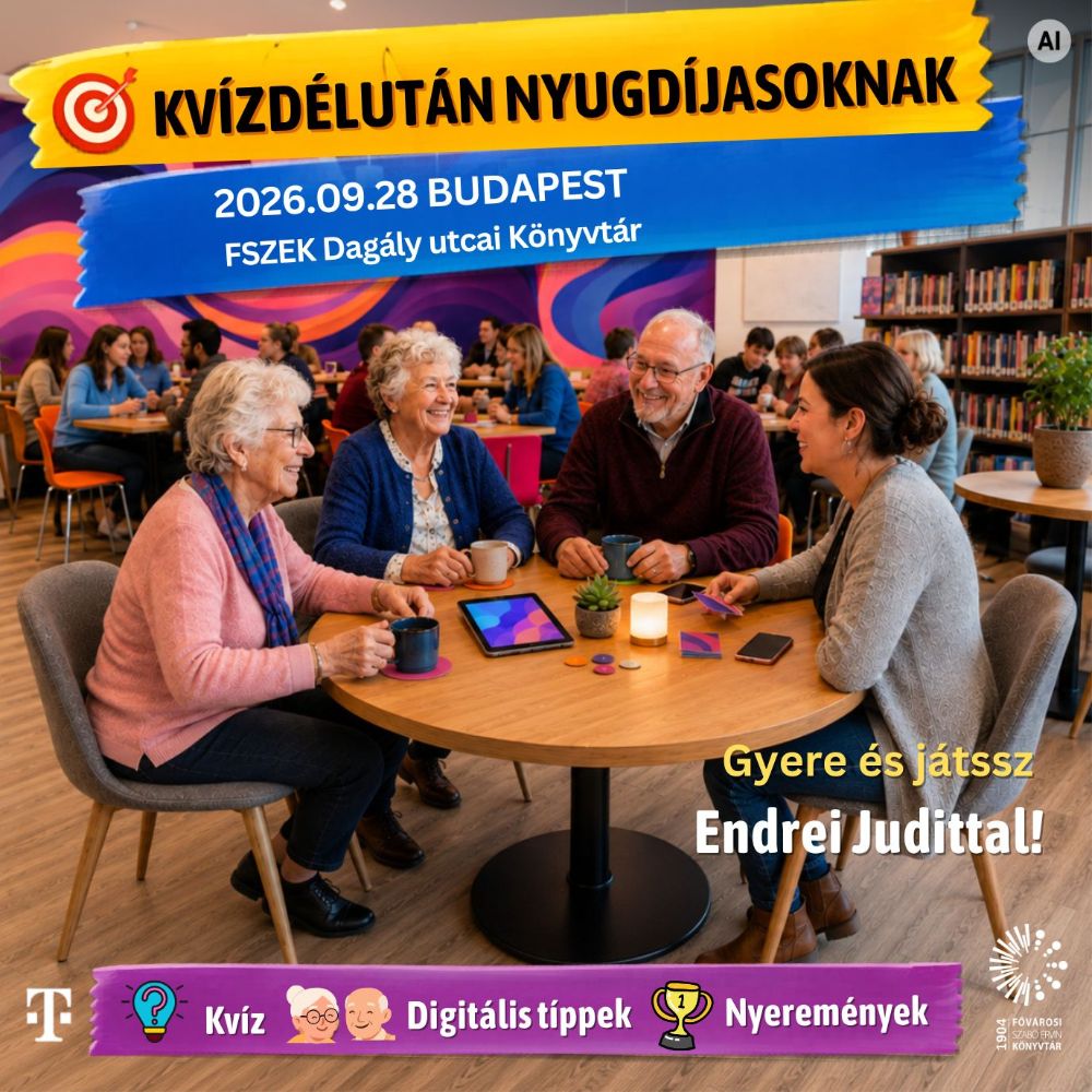 Asztal körül ülő idősek ismerkednek digitális eszközökkel egy fiatalabb hölgy segítségével