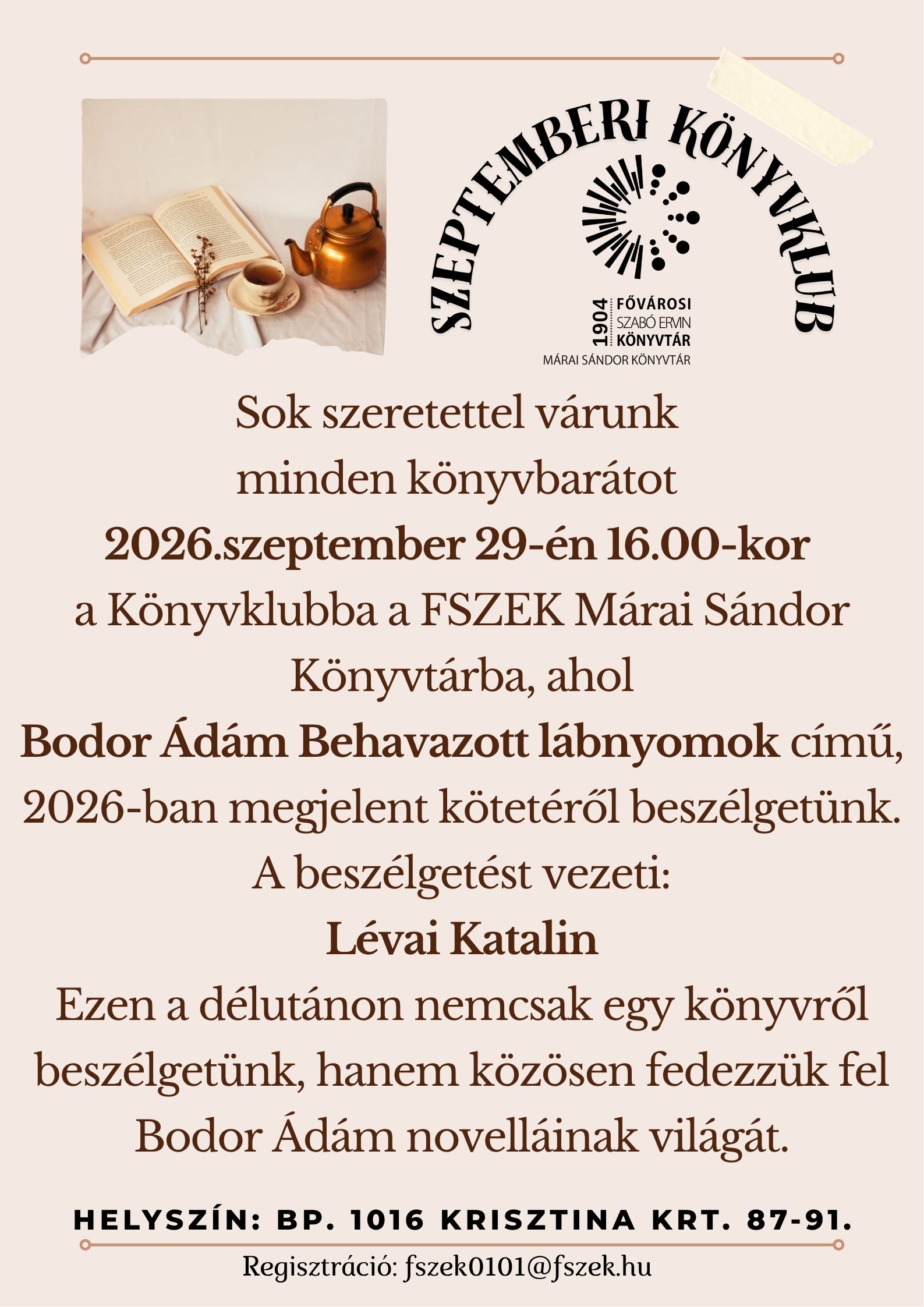 a program plakátja egy csésze tea és könyv fotójával