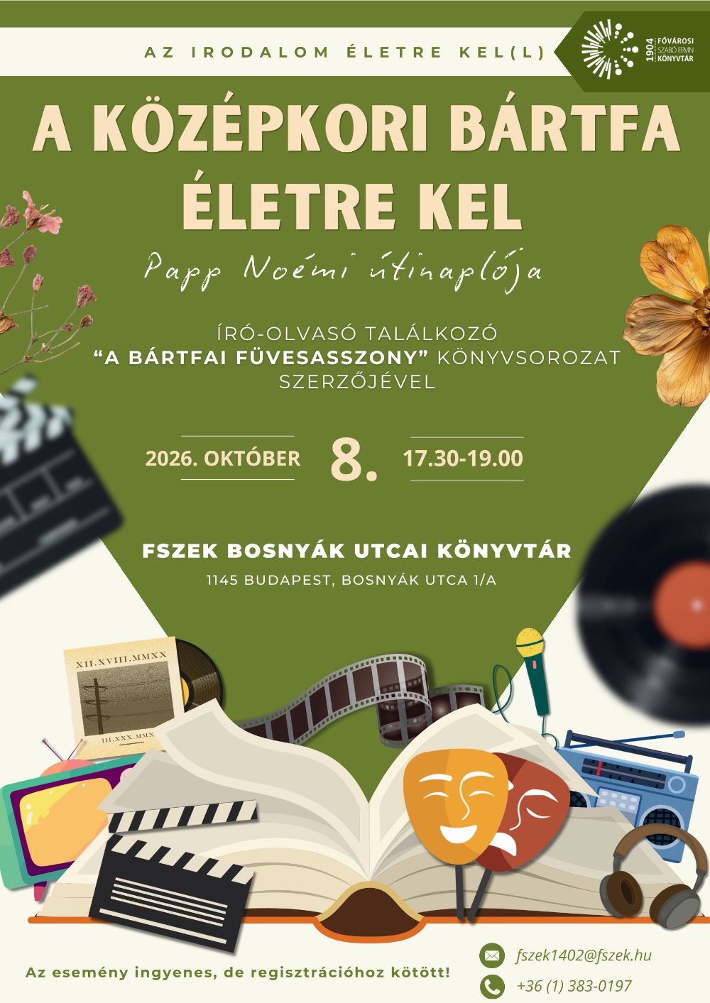 Plakát - nyitott könyv, színházi álarcok, bakelit lemez, mikrofon, filmszalag, TV, rádió